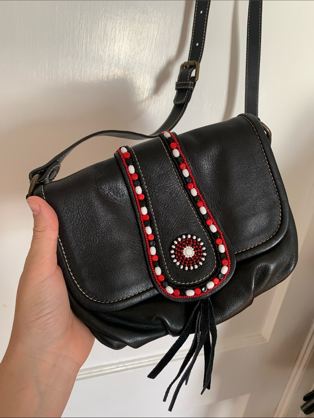PIKOLINOS Black Crossbody with Red & White Bead Detail